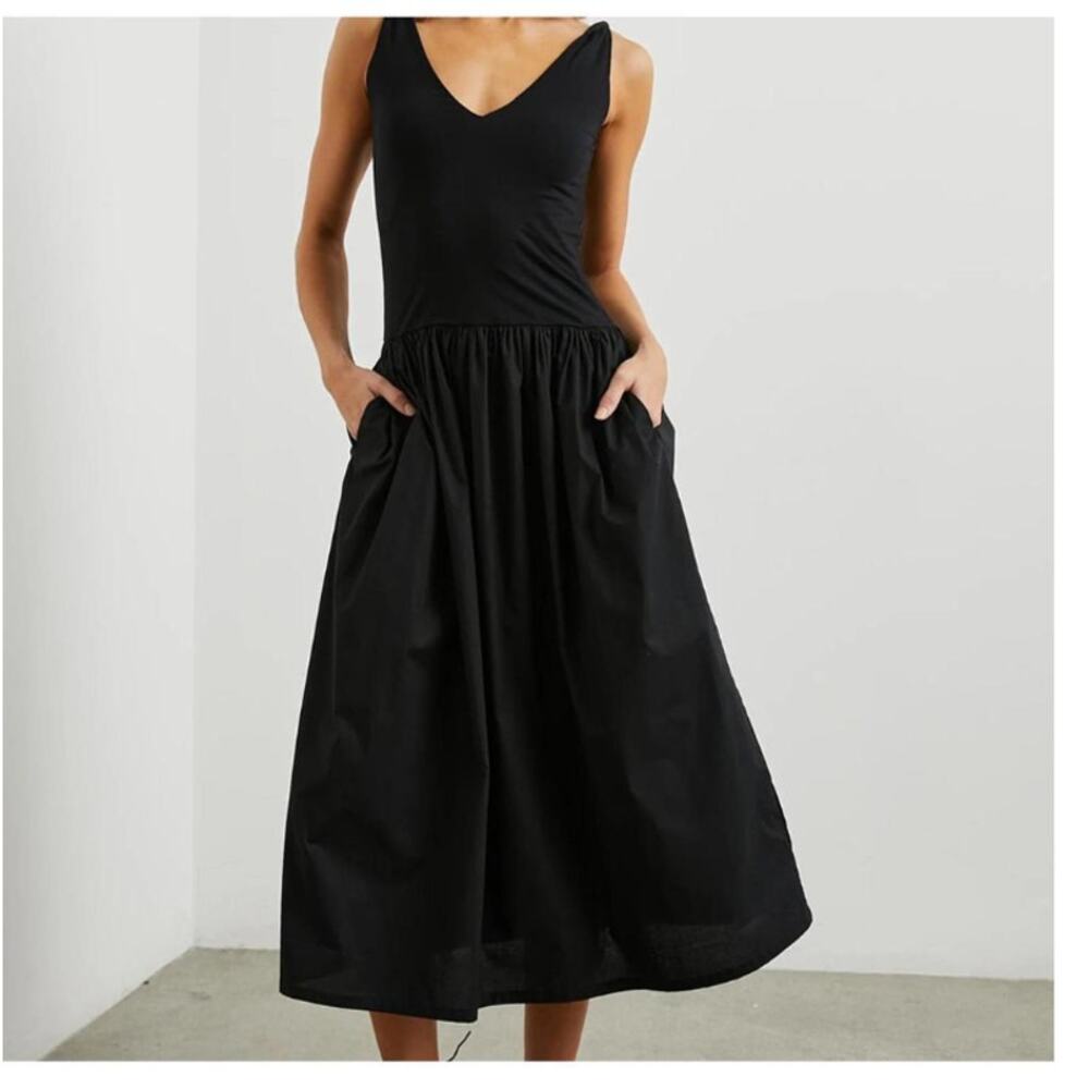 Rails Franca Dress Black XS Pockets Sleeveless Midi Drop Waist V Neck Poplin LBD - Picture 3 of 9